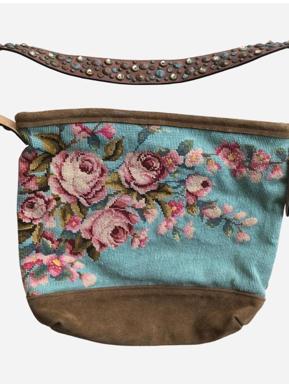 Floral Tapestry Shoulder Bag with Studded Leather Straps - Brown & Multicolor - Picture 2 of 8